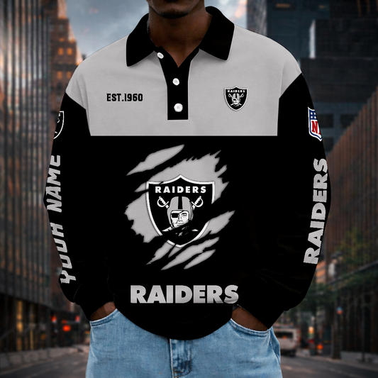 LIMITED EDITION - NEW CUSTOMIZED NFL07 LVR LAS VEGAS RAIDERS MEN LONG SLEEVE POLO