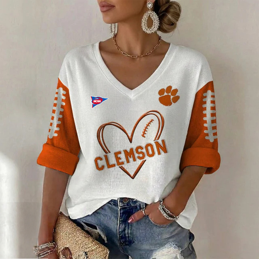 ELITE EDITION - NEW CUSTOMIZED NCAA FBS07 CST CLEMSON TIGERS WOMEN'S HEART V-NECK LONG SLEEVE SHIRT