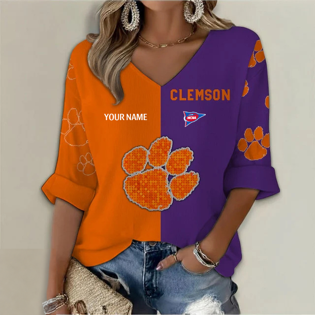 ELITE EDITION - NEW CUSTOMIZED NCAA FBS07 CST CLEMSON TIGERS WOMEN'S HEART V-NECK LONG SLEEVE SHIRT