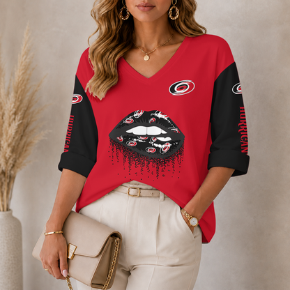 [SUPER SALE] NEW CUSTOMIZED NHL07 CLH CAROLINA HURRICANES WOMEN'S HEART V-NECK LONG SLEEVE SHIRT