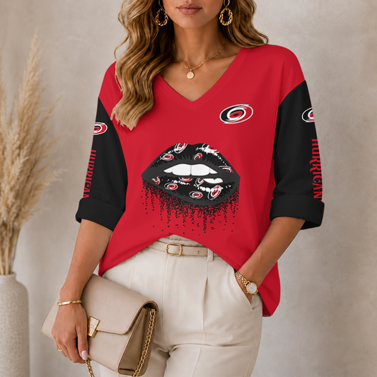 [SUPER SALE] NEW CUSTOMIZED NHL07 CLH CAROLINA HURRICANES WOMEN'S HEART V-NECK LONG SLEEVE SHIRT