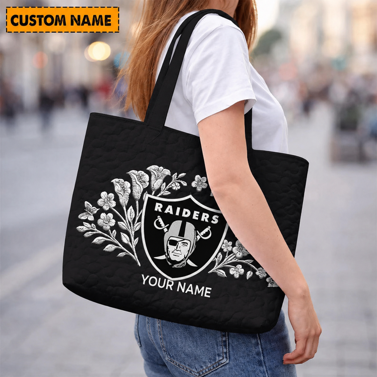 ELITE EDITION - NEW CUSTOMIZED NFL07 LVR LAS VEGAS RAIDERS QUILTED TOTE BAG