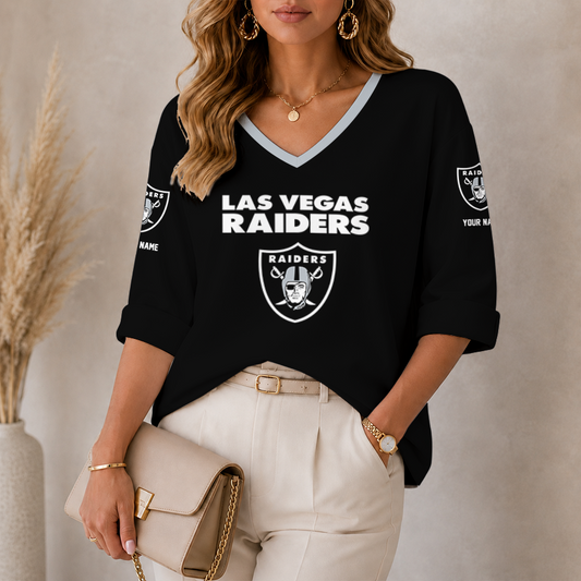 [SPECIAL OFFER] NEW CUSTOMIZED NFL07 LVR LAS VEGAS RAIDERS WOMEN'S HEART V-NECK LONG SLEEVE SHIRT