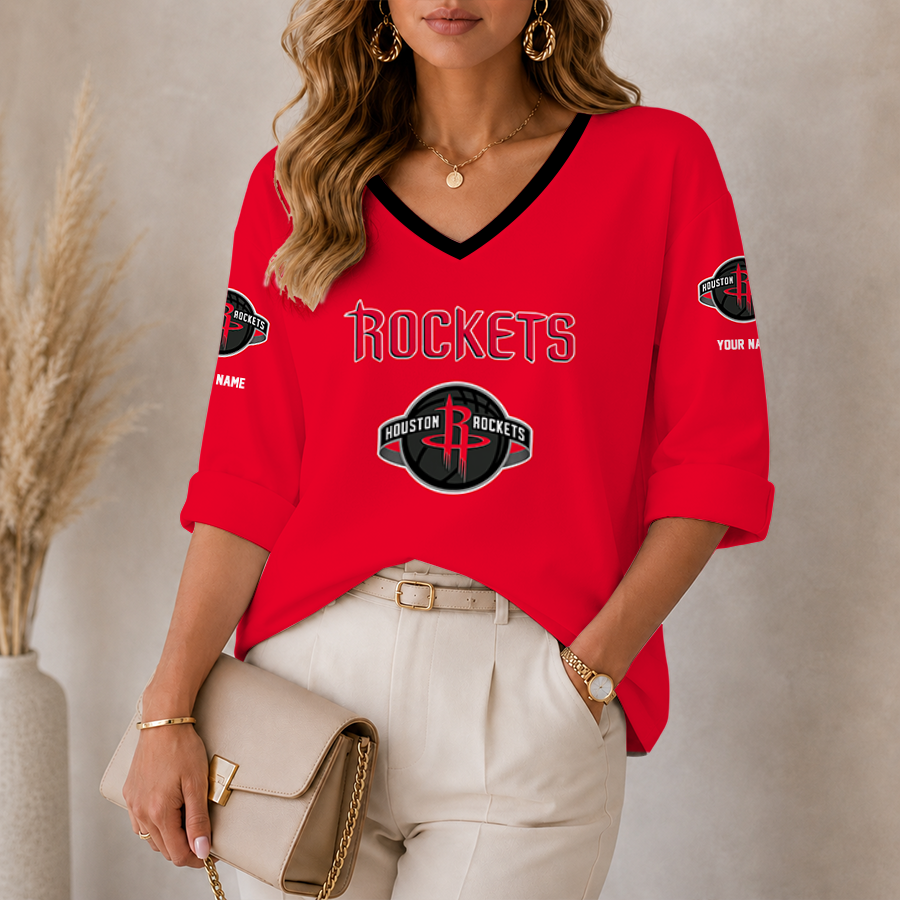 [HOT DEAL] NEW CUSTOMIZED NBA07 HRO HOUSTON ROCKETS WOMEN'S HEART V-NECK LONG SLEEVE SHIRT