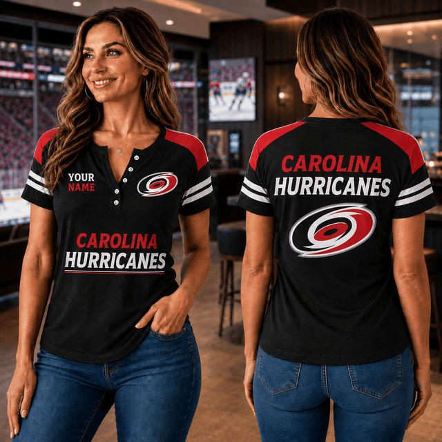 SPECIAL EDITION - NEW CUSTOMIZED NHL07 CLH CAROLINA HURRICANES WOMEN'S SHORT SLEEVE HENLEY T-SHIRT