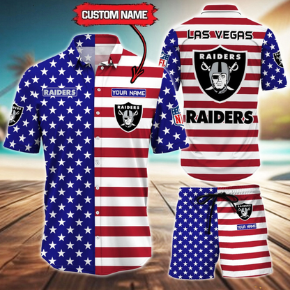 ELITE EDITION  - NEW CUSTOMIZED NFL07 LVR LAS VEGAS RAIDERS UNISEX INDEPENDENCE DAY HAWAIIAN SHIRT & SHORTS SET