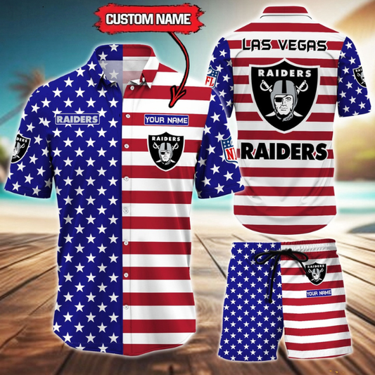 ELITE EDITION  - NEW CUSTOMIZED NFL07 LVR LAS VEGAS RAIDERS UNISEX INDEPENDENCE DAY HAWAIIAN SHIRT & SHORTS SET