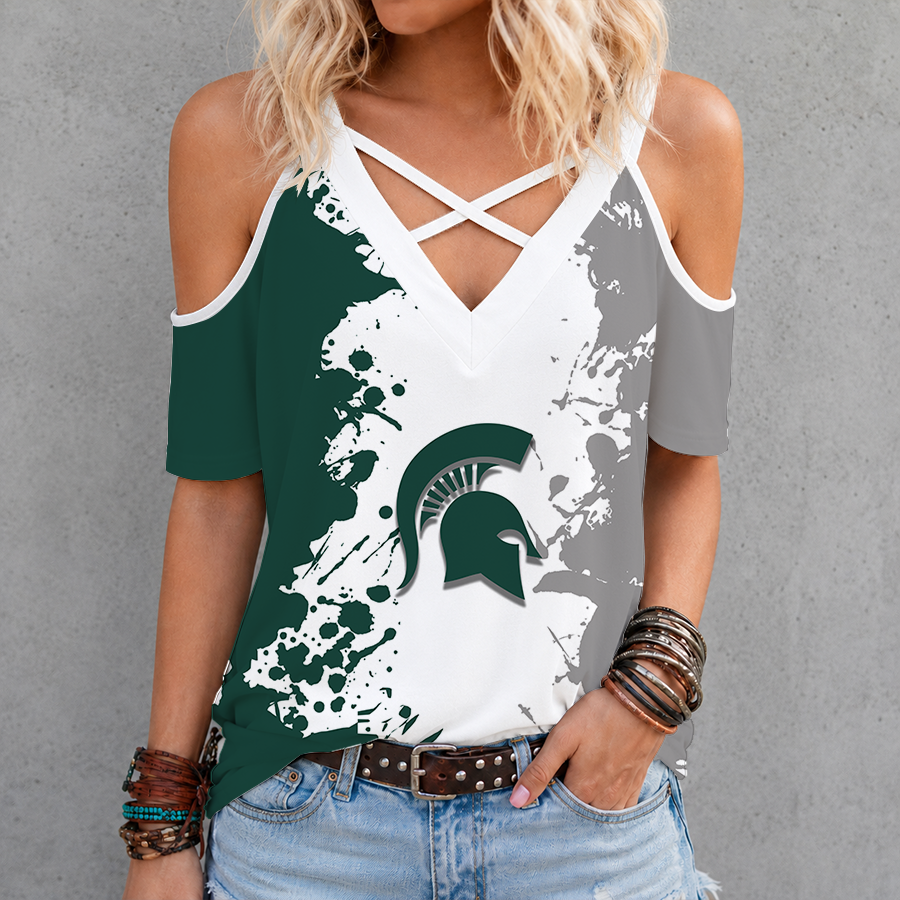 [FAN FAVORITE] NEW CUSTOMIZED NCAA MAM07 MSS MICHIGAN STATE SPARTANS CRISS CROSS V-NECK TOP