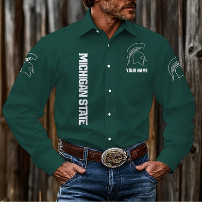 EXCLUSIVE EDITION - NEW CUSTOMIZED NCAA MAM07 MSS MICHIGAN STATE SPARTANS MEN'S LONG SLEEVE BUTTON-UP SHIRT