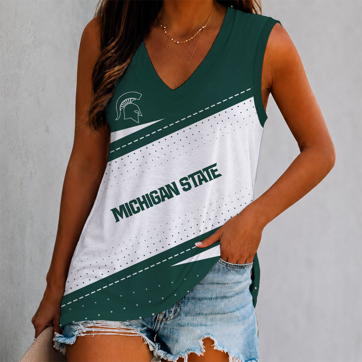 EXCLUSIVE EDITION - NEW CUSTOMIZED NCAA MAM07 MICHIGAN STATE SPARTANS WOMEN'S V-NECK TANK TOP