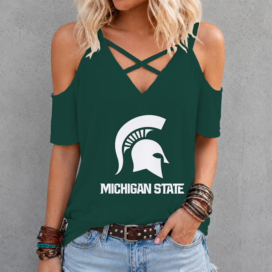 [FAN FAVORITE] NEW CUSTOMIZED NCAA MAM07 MSS MICHIGAN STATE SPARTANS CRISS CROSS V-NECK TOP