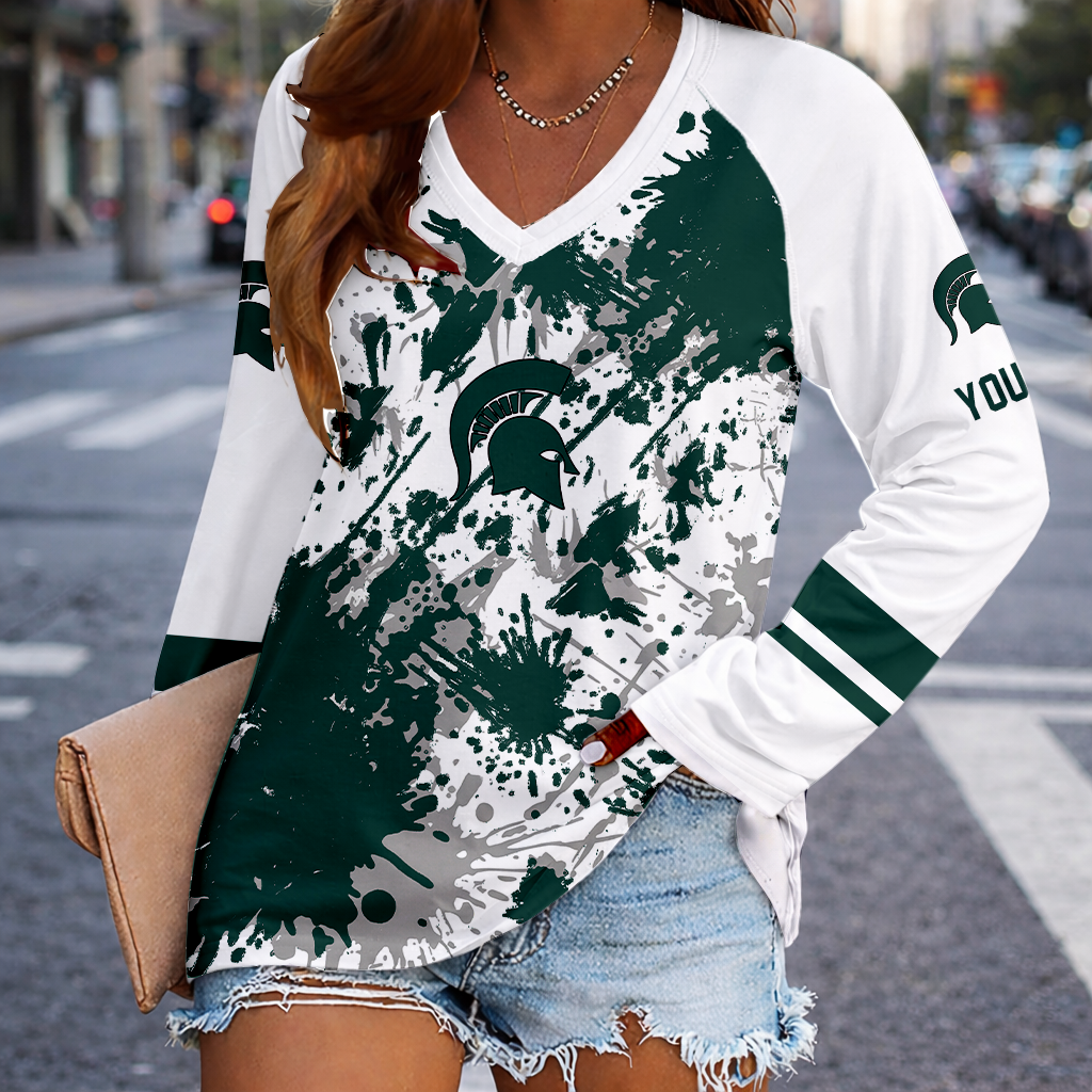 [FAN FAVORITE] NEW CUSTOMIZED NCAA MAM07 MSS MICHIGAN STATE SPARTANS WOMEN'S V-NECK LONG SLEEVED SHIRT