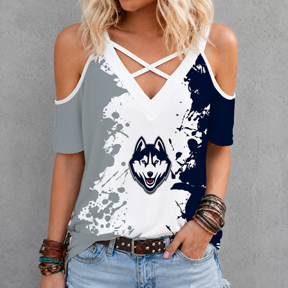 [FAN FAVORITE] NEW CUSTOMIZED NCAA CFH07 UCH UCONN HUSKIES CRISS CROSS V-NECK TOP