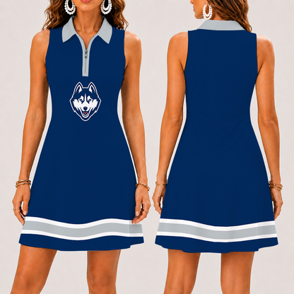 [FAN FAVORITE] NEW CUSTOMIZED NCAA CFH07 UCH UCONN HUSKIES WOMEN'S ZIP SLEEVELESS POLO DRESS