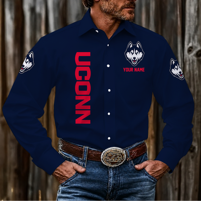EXCLUSIVE EDITION - NEW CUSTOMIZED NCAA CFH07 UCH UCONN HUSKIES MEN'S LONG SLEEVE BUTTON-UP SHIRT