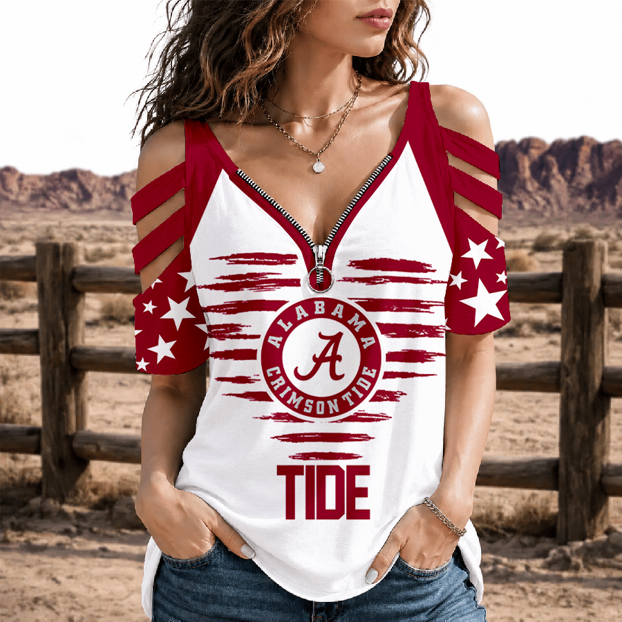 [FAN FAVORITE] NEW CUSTOMIZED NCAA FBS08 ABC ALABAMA CRIMSON TIDE STRAPPY COLD-SHOULDER TOP