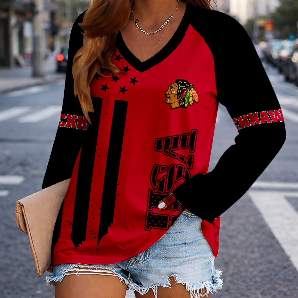 LIMITED EDITION - NEW CUSTOMIZED NHL08 CBH CHICAGO BLACKHAWKS WOMEN'S V-NECK LONG SLEEVED SHIRT