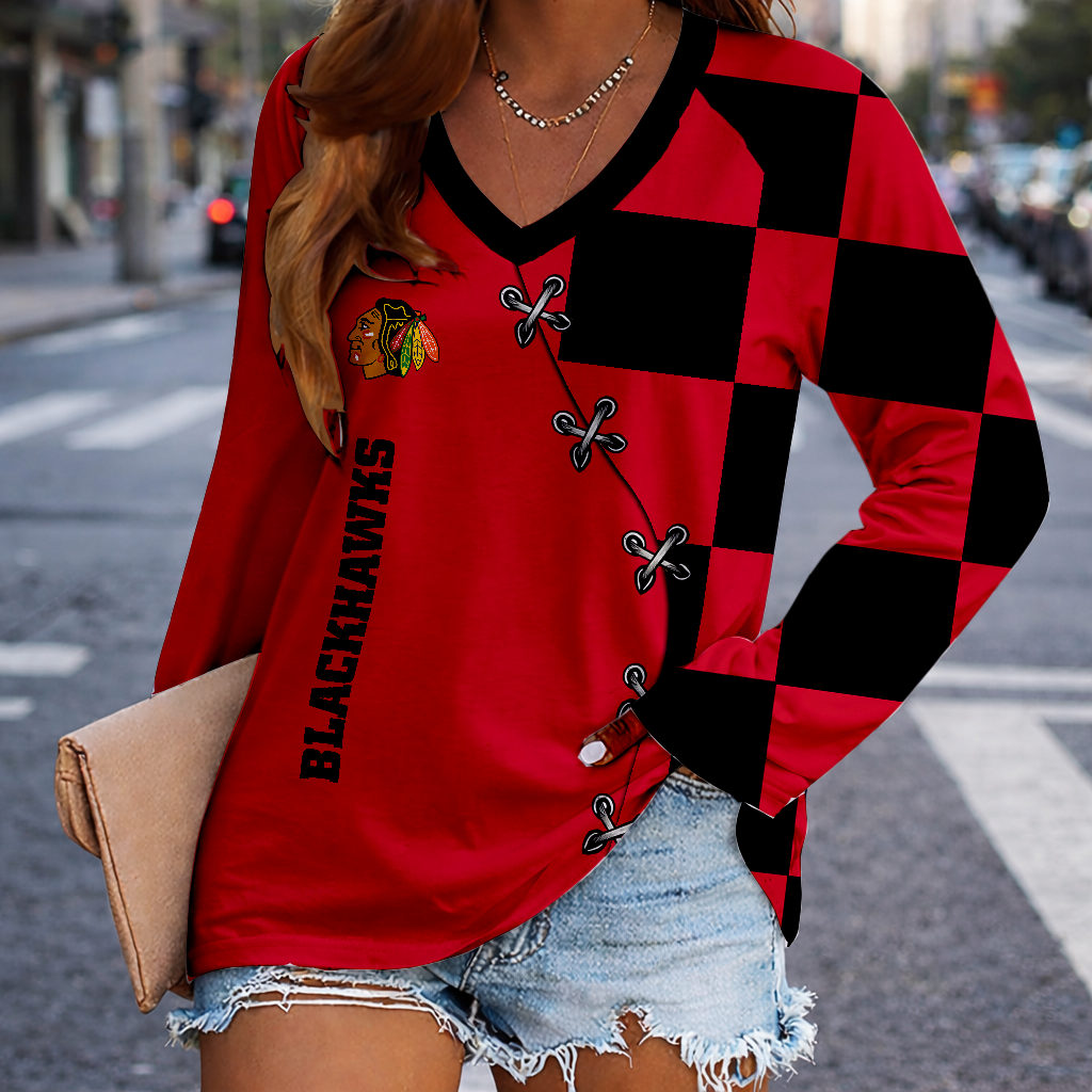 LIMITED EDITION - NEW CUSTOMIZED NHL08 CBH CHICAGO BLACKHAWKS WOMEN'S V-NECK LONG SLEEVED SHIRT
