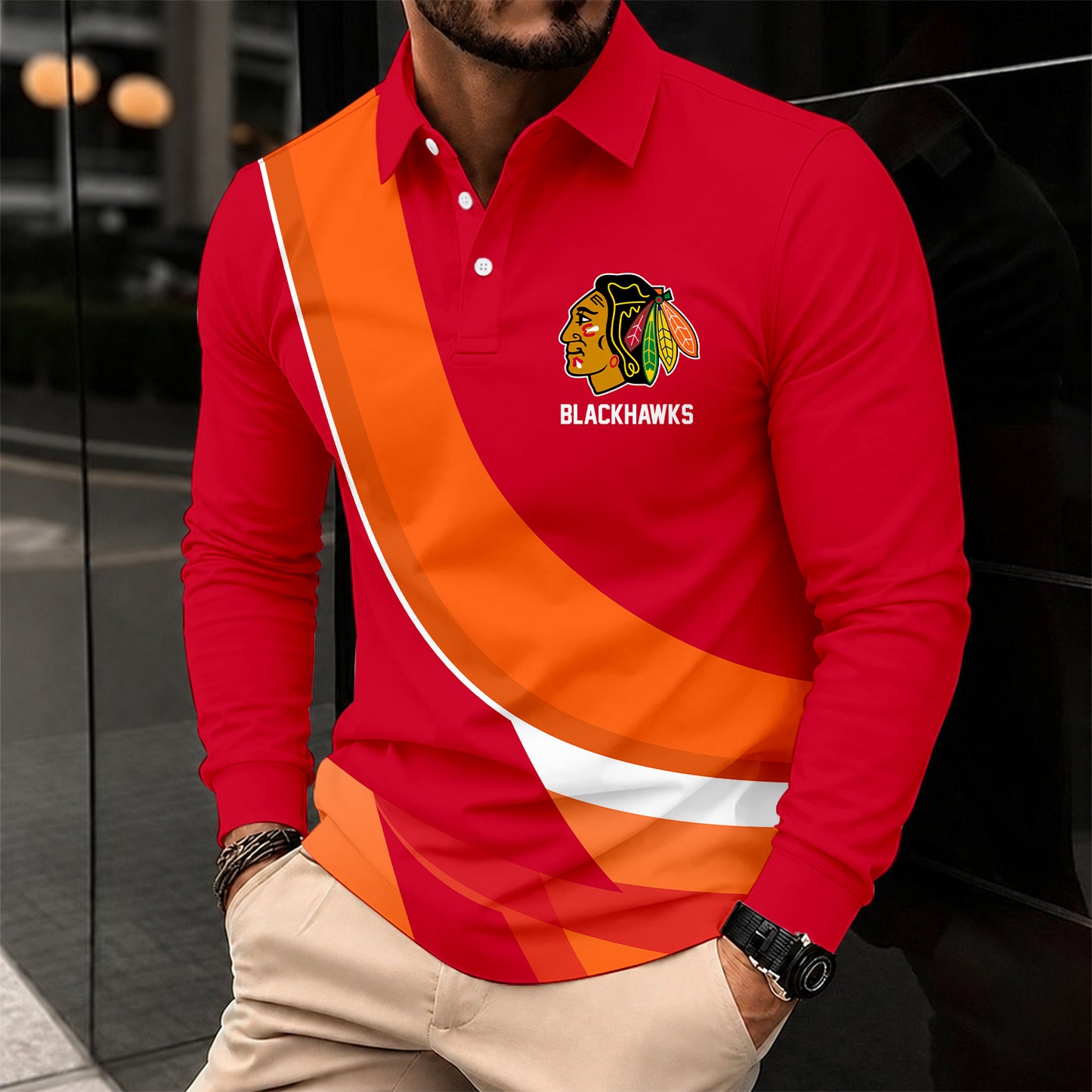 [SUPER SALE] NEW CUSTOMIZED NHL08 CBH CHICAGO BLACKHAWKS MEN LONG SLEEVE POLO