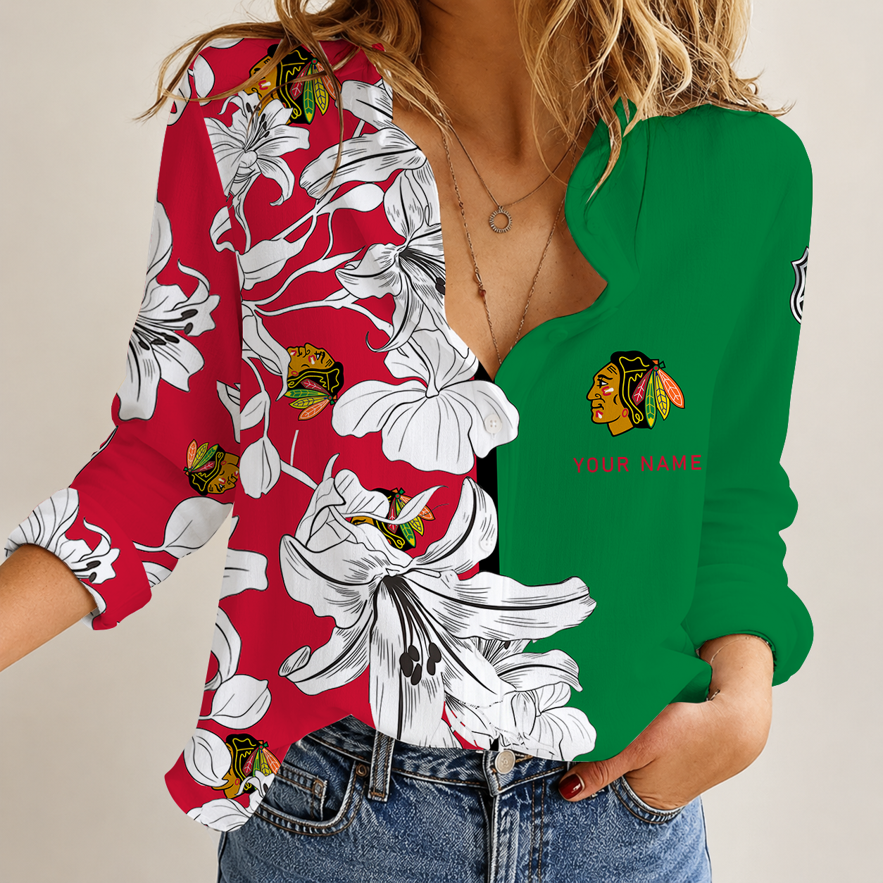[SUPER SALE] NEW CUSTOMIZED NHL08 CBH CHICAGO BLACKHAWKS WOMEN CASUAL SHIRT