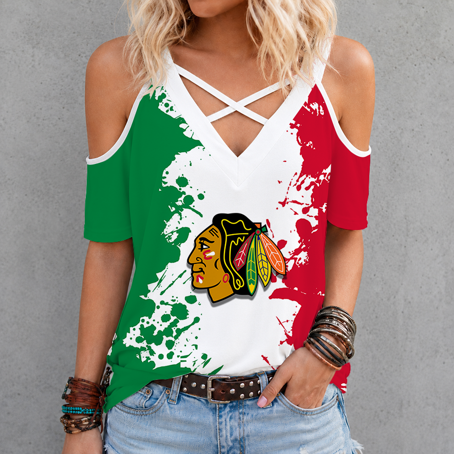 [SUPER SALE] NEW CUSTOMIZED NHL08 CBH CHICAGO BLACKHAWKS CRISS CROSS V-NECK TOP