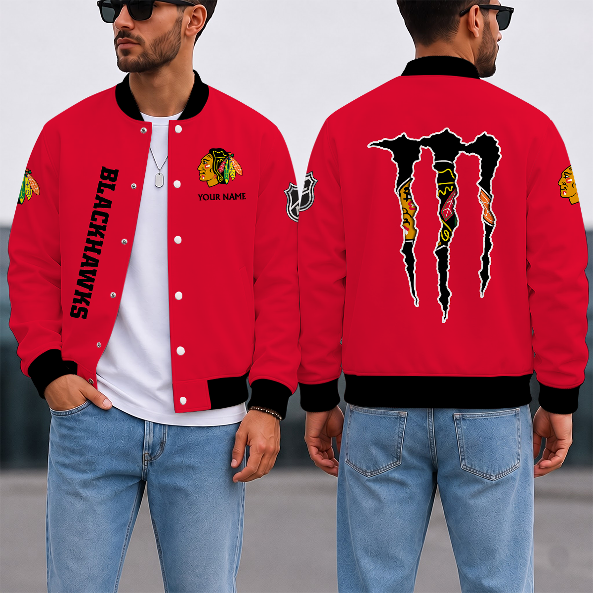 EXCLUSIVE EDITION - NEW CUSTOMIZED NHL08 CBH CHICAGO BLACKHAWKS SATIN VARSITY JACKET & BASEBALL JACKET