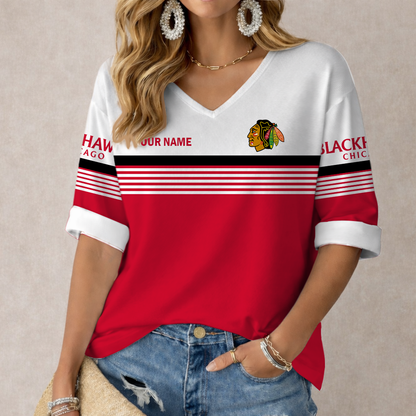SPECIAL EDITION - NEW CUSTOMIZED NHL08 CBH CHICAGO BLACKHAWKS WOMEN'S HEART V-NECK LONG SLEEVE SHIRT