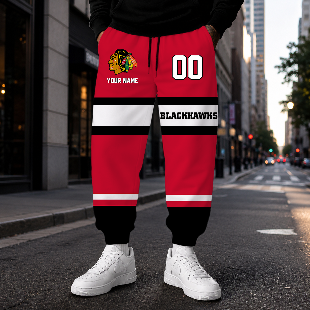 VIRAL EDITION - NEW CUSTOMIZED NHL08 CBH CHICAGO BLACKHAWKS SWEATPANTS