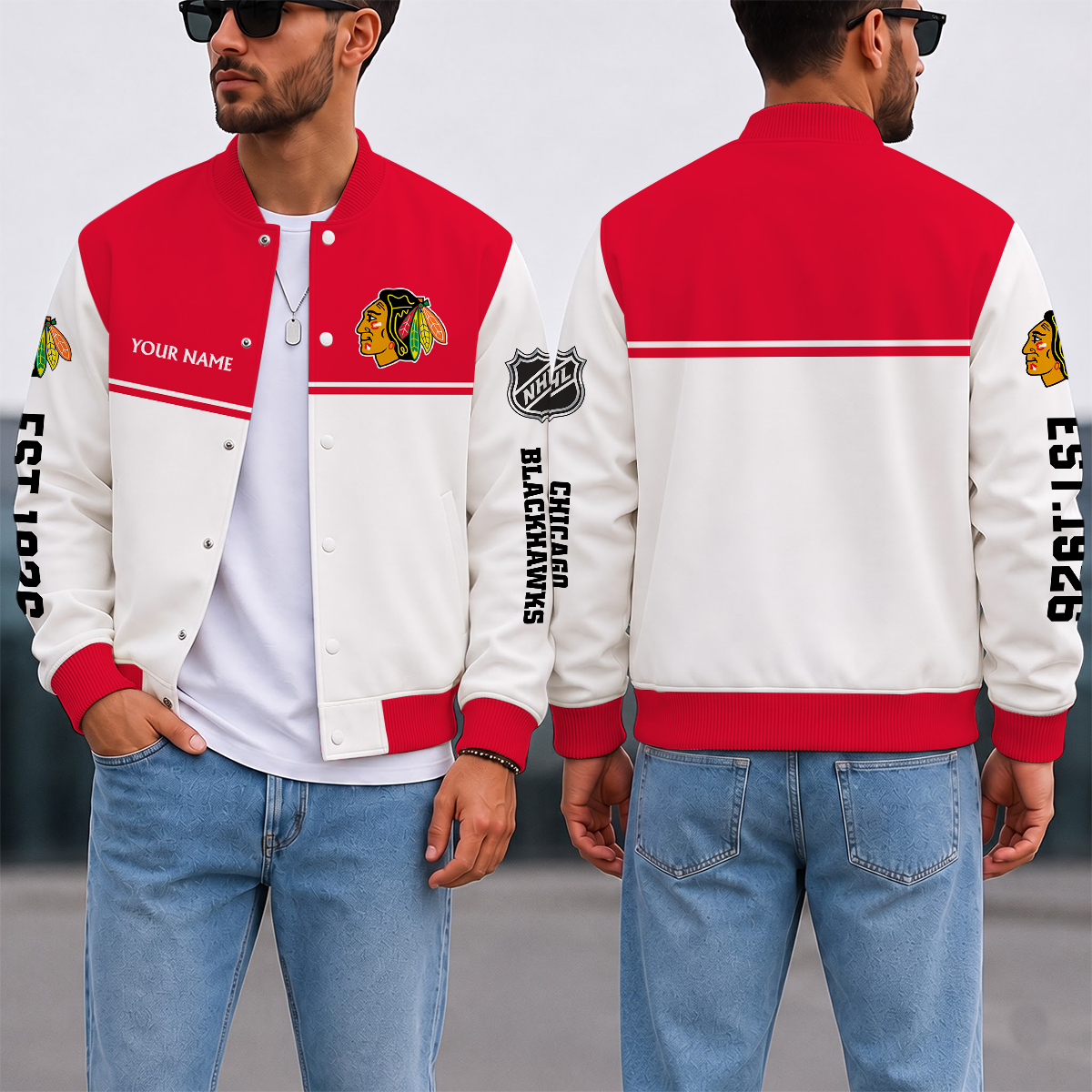 EXCLUSIVE EDITION - NEW CUSTOMIZED NHL08 CBH CHICAGO BLACKHAWKS SATIN VARSITY JACKET & BASEBALL JACKET