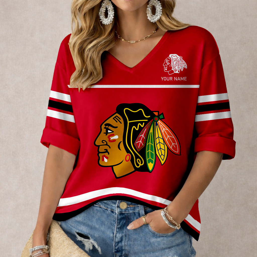 LIMITED EDITION - NEW CUSTOMIZED NHL08 CBH CHICAGO BLACKHAWKS WOMEN'S HEART V-NECK LONG SLEEVE SHIRT