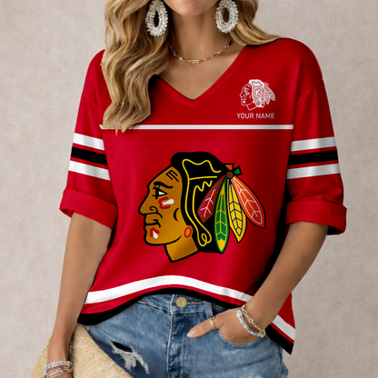 LIMITED EDITION - NEW CUSTOMIZED NHL08 CBH CHICAGO BLACKHAWKS WOMEN'S HEART V-NECK LONG SLEEVE SHIRT