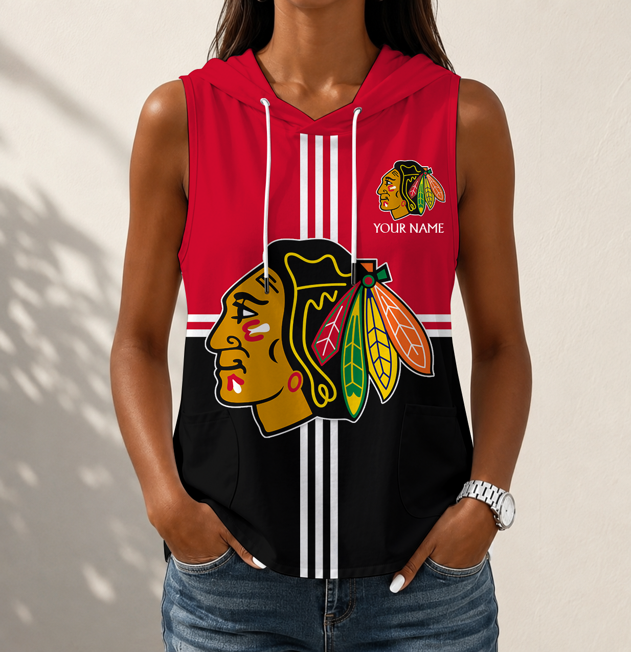 VIRAL EDITION - NEW CUSTOMIZED NHL08 CBH CHICAGO BLACKHAWKS WOMEN'S SLEEVELESS HOODED POCKET TANK TOP
