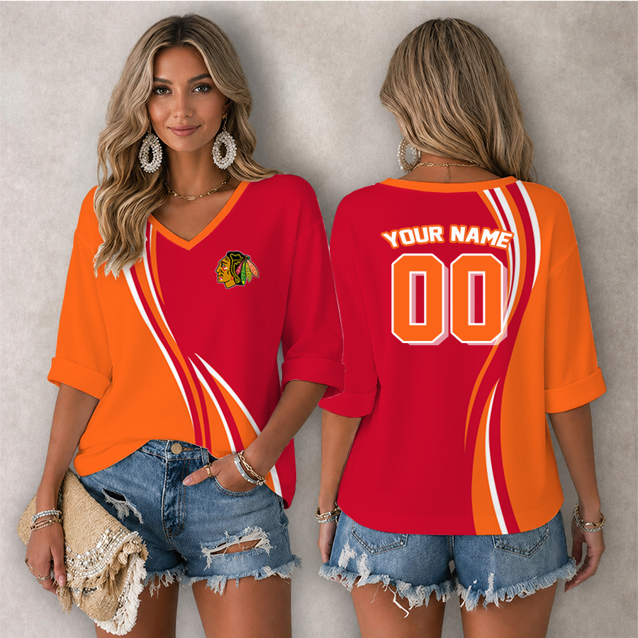 LIMITED EDITION - NEW CUSTOMIZED NHL08 CBH CHICAGO BLACKHAWKS WOMEN'S HEART V-NECK LONG SLEEVE SHIRT