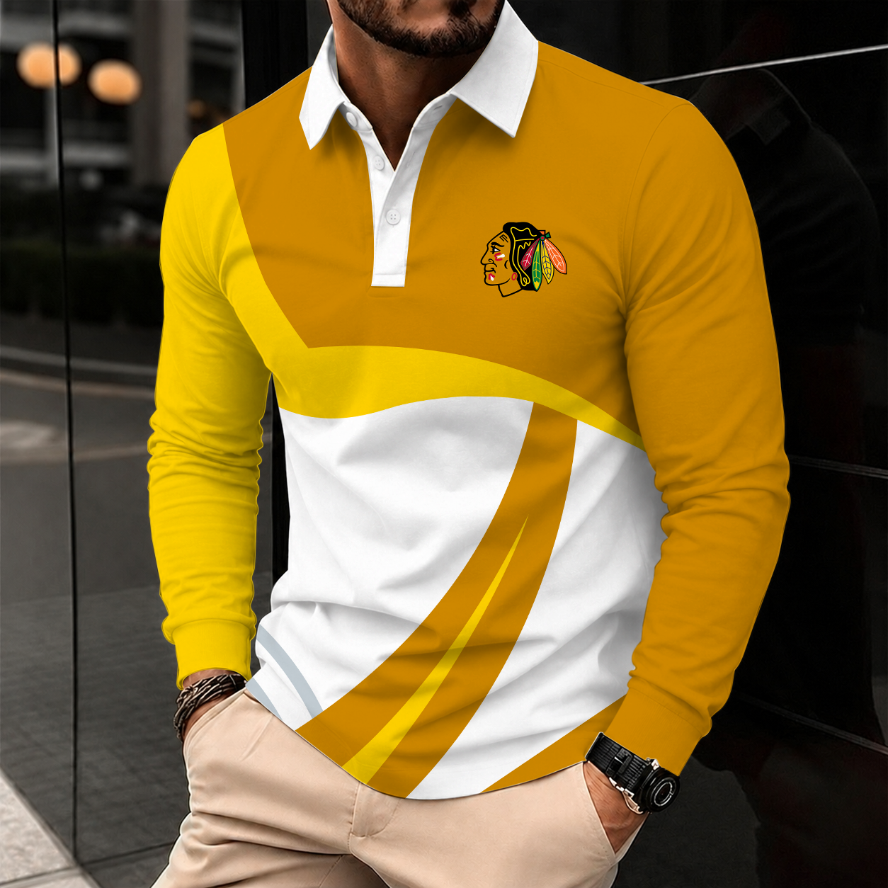 [SUPER SALE] NEW CUSTOMIZED NHL08 CBH CHICAGO BLACKHAWKS MEN LONG SLEEVE POLO