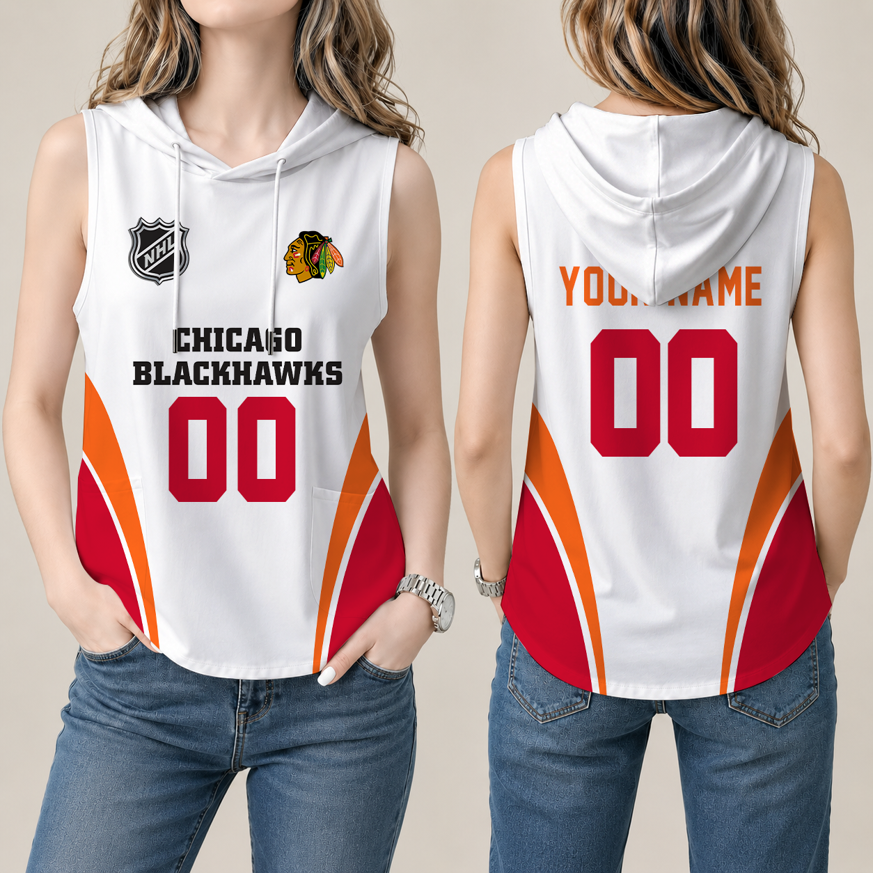 [SUPER SALE] NEW CUSTOMIZED NHL08 CBH CHICAGO BLACKHAWKS WOMEN'S SLEEVELESS HOODED POCKET TANK TOP