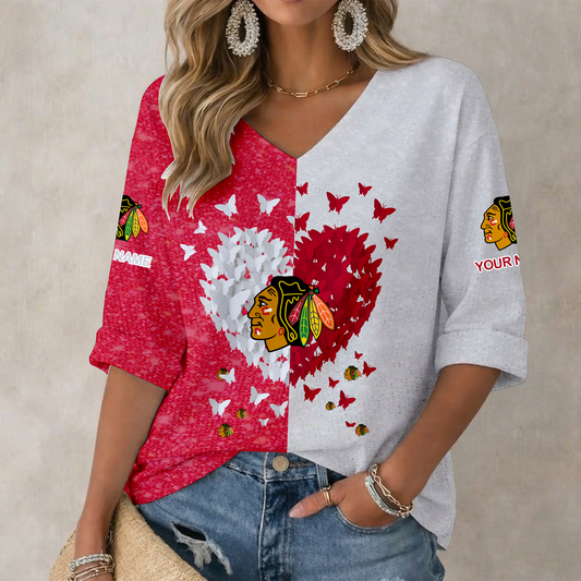 LIMITED EDITION - NEW CUSTOMIZED NHL08 CBH CHICAGO BLACKHAWKS WOMEN'S HEART V-NECK LONG SLEEVE SHIRT
