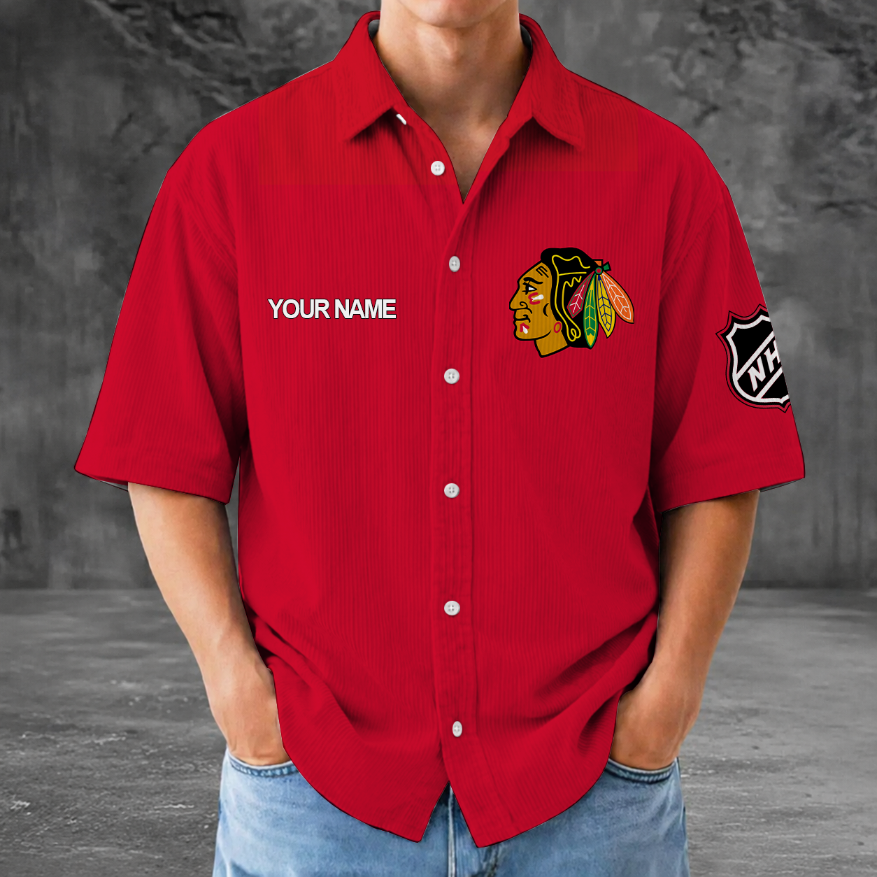 [SUPER SALE] NEW CUSTOMIZED NHL08 CBH CHICAGO KHAKIHAWKS SEERSUCKER BUTTON SHIRT