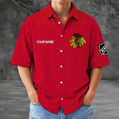 [SUPER SALE] NEW CUSTOMIZED NHL08 CBH CHICAGO KHAKIHAWKS SEERSUCKER BUTTON SHIRT