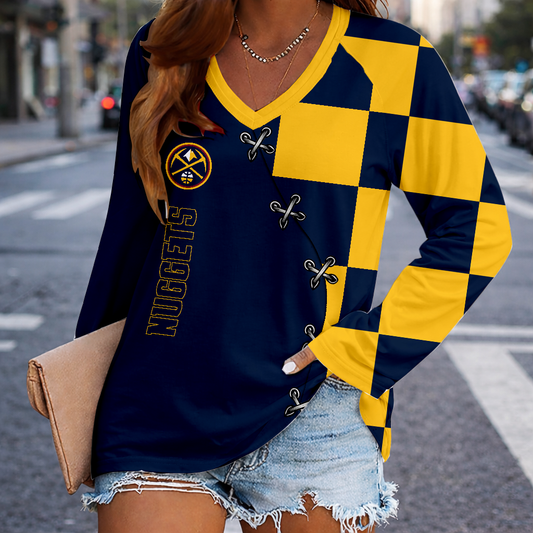 LIMITED EDITION - NEW CUSTOMIZED NBA08 DNU DENVER NUGGETS WOMEN'S V-NECK LONG SLEEVED SHIRT