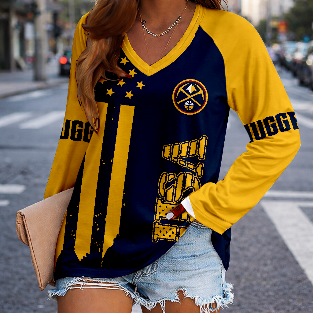 LIMITED EDITION - NEW CUSTOMIZED NBA08 DNU DENVER NUGGETS WOMEN'S V-NECK LONG SLEEVED SHIRT