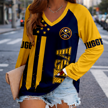 LIMITED EDITION - NEW CUSTOMIZED NBA08 DNU DENVER NUGGETS WOMEN'S V-NECK LONG SLEEVED SHIRT