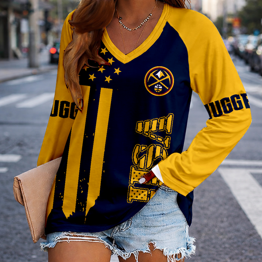 LIMITED EDITION - NEW CUSTOMIZED NBA08 DNU DENVER NUGGETS WOMEN'S V-NECK LONG SLEEVED SHIRT