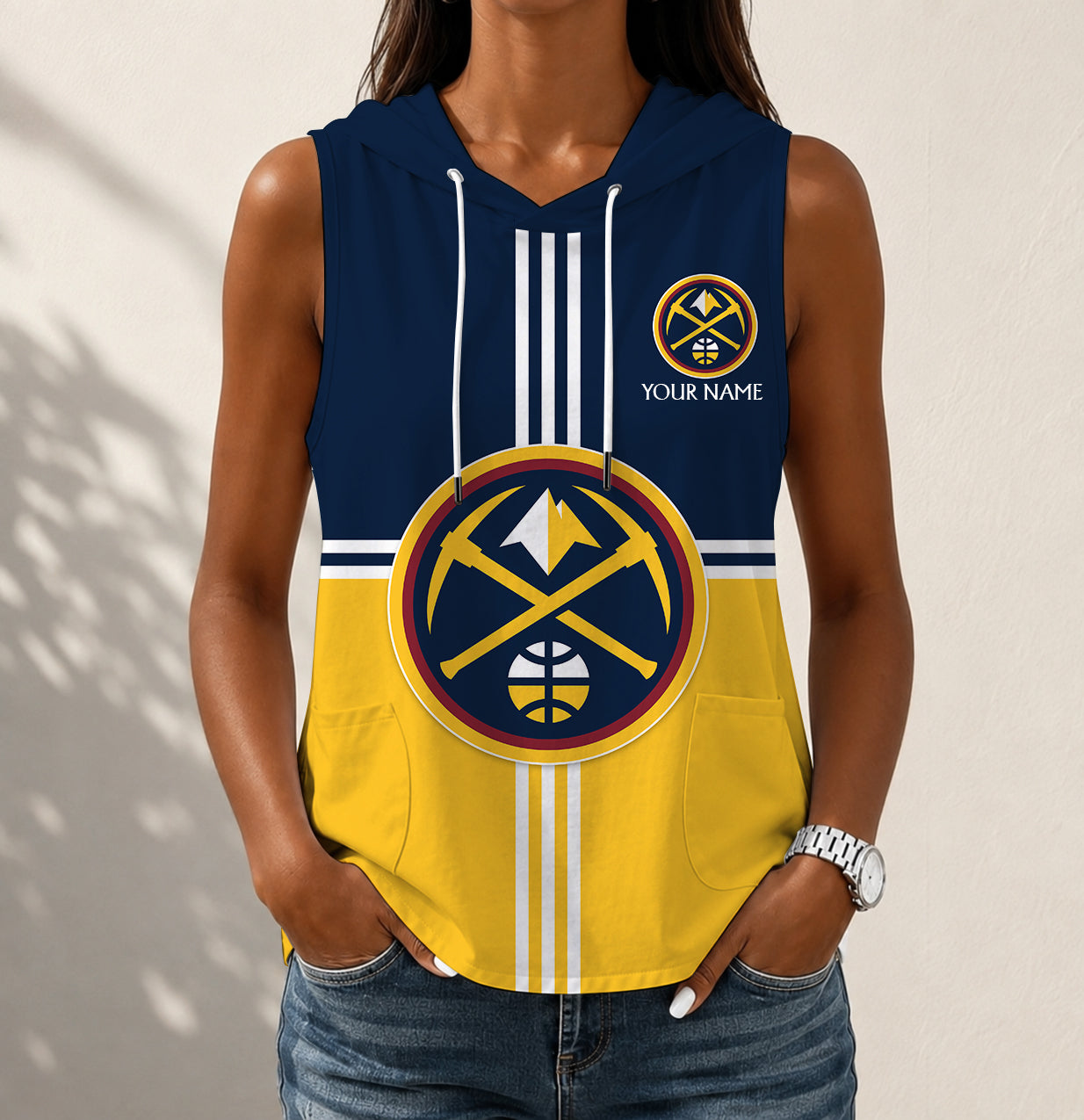 LIMITED EDITION - NEW CUSTOMIZED NBA08 DNU DENVER NUGGETS WOMEN'S SLEEVELESS HOODED POCKET TANK TOP