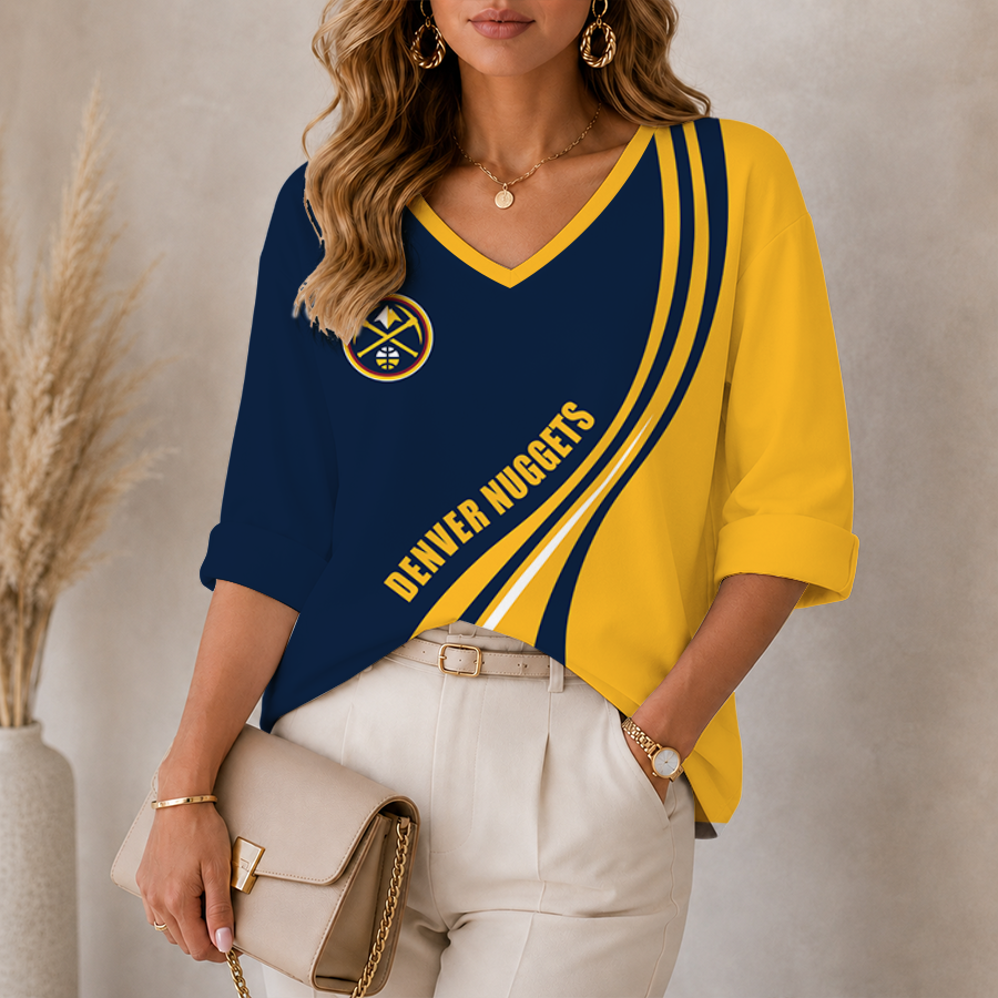 [HOT DEAL] NEW CUSTOMIZED NBA08 DNU DENVER NUGGETS WOMEN'S HEART V-NECK LONG SLEEVE SHIRT