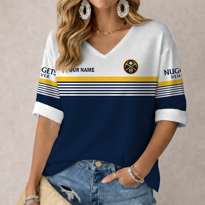 LIMITED EDITION - NEW CUSTOMIZED NBA08 DNU DENVER NUGGETS WOMEN'S HEART V-NECK LONG SLEEVE SHIRT