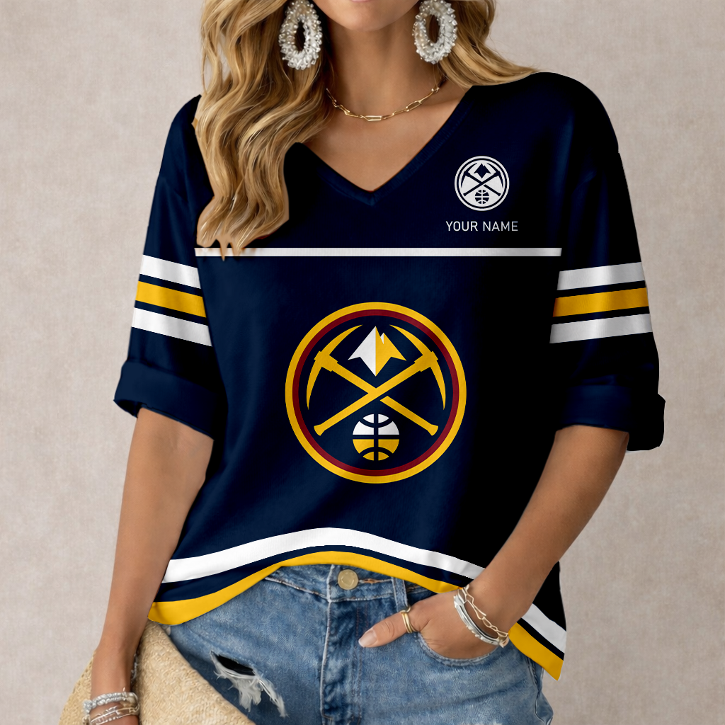 LIMITED EDITION - NEW CUSTOMIZED NBA08 DNU DENVER NUGGETS WOMEN'S HEART V-NECK LONG SLEEVE SHIRT
