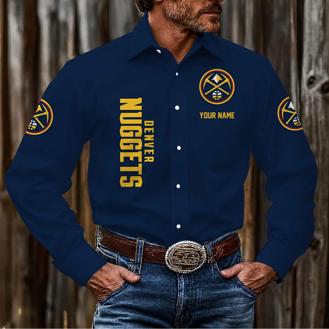 LIMITED EDITION - NEW CUSTOMIZED NBA08 DNU DENVER NUGGETS MEN'S LONG SLEEVE BUTTON-UP SHIRT