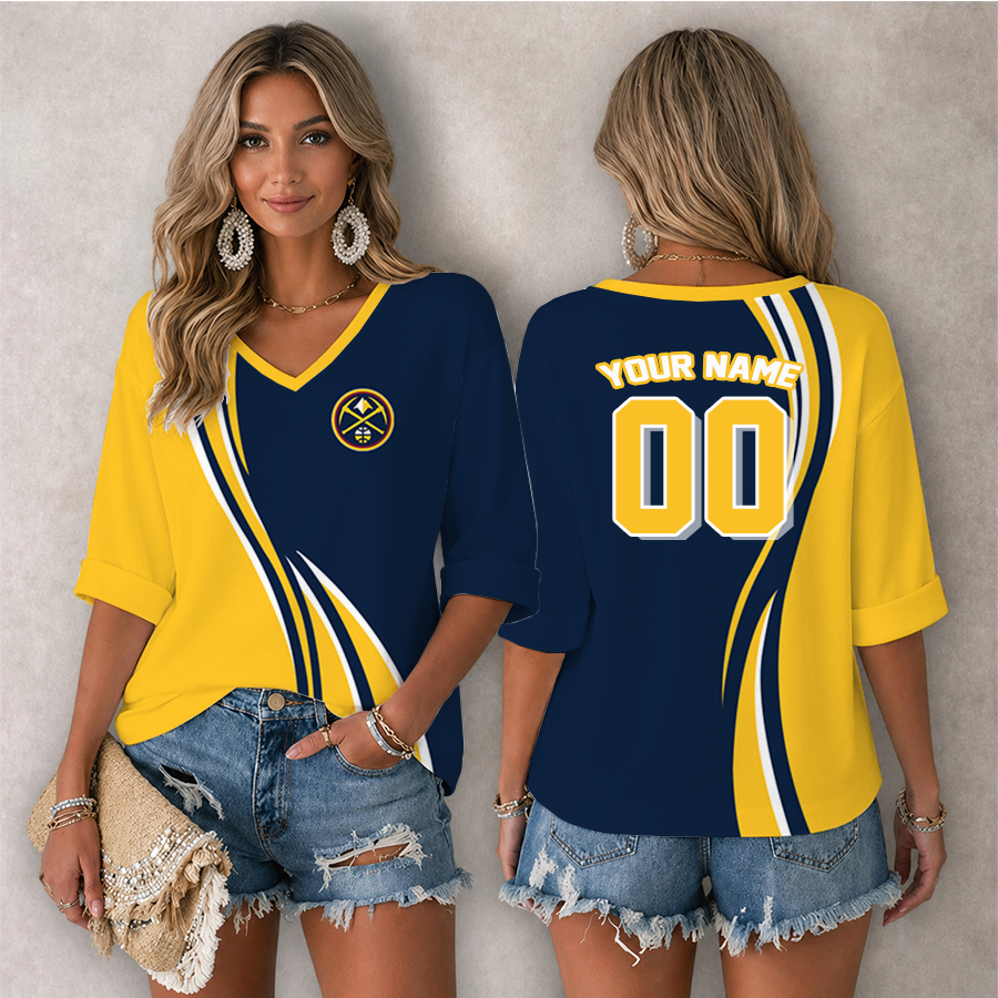LIMITED EDITION - NEW CUSTOMIZED NBA08 DNU DENVER NUGGETS WOMEN'S HEART V-NECK LONG SLEEVE SHIRT