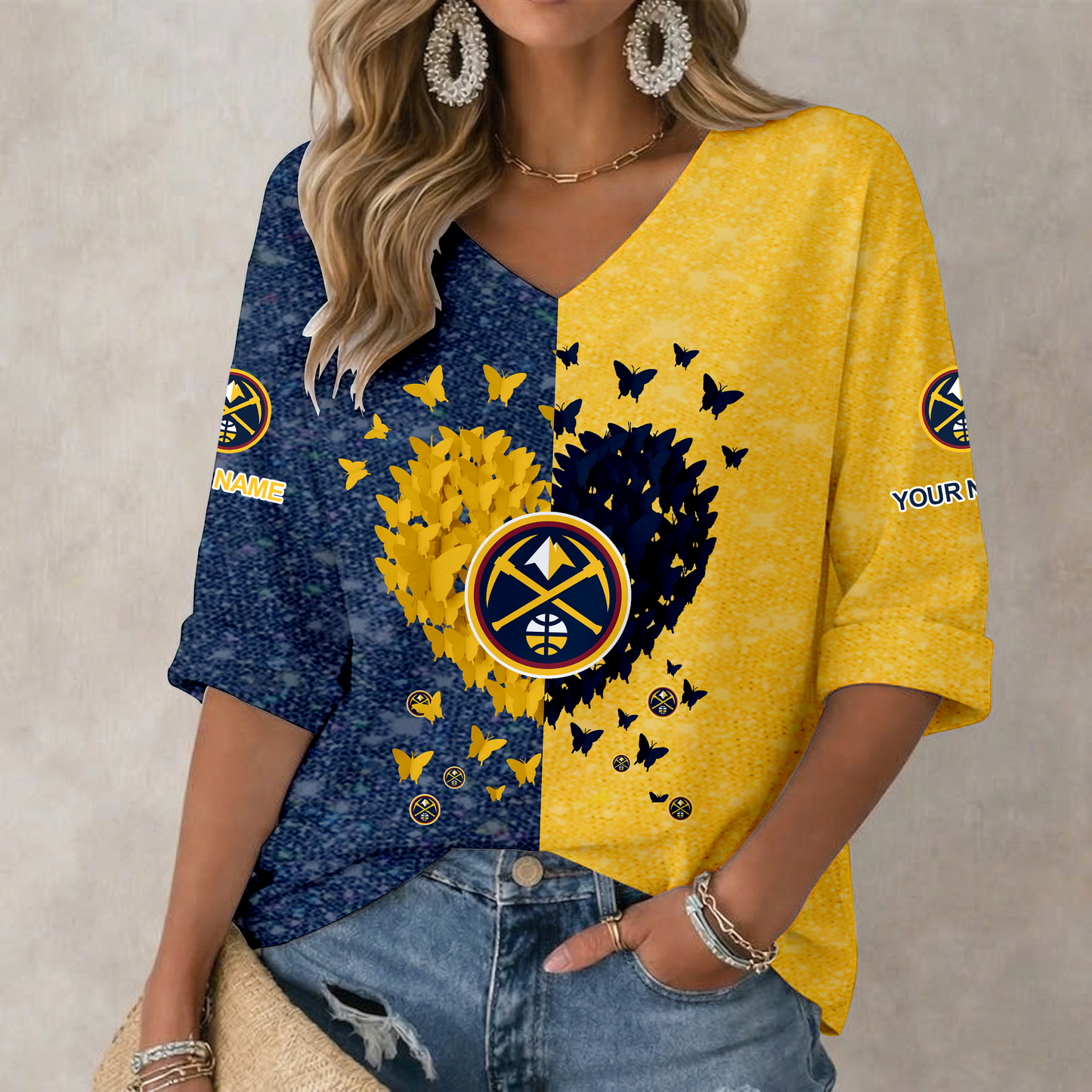 LIMITED EDITION - NEW CUSTOMIZED NBA08 DNU DENVER NUGGETS WOMEN'S HEART V-NECK LONG SLEEVE SHIRT