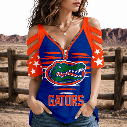 [FAN FAVORITE] NEW CUSTOMIZED NCAA CWS08 FLG FLORIDA GATORS STRAPPY COLD-SHOULDER TOP